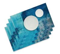 Winotic Turquoise Blue Placemats Set of 4, Teal Abstract Modern Art Painting Washable Linen Table Mats for Dining Table Decorations