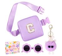 WINOWIMO Personalized Mini Fanny Pack for Kids with Sunglasses & Cute Keychain, Small Initial Belt Crossbody Bag Purse for Teen Girls, Birthday Gifts for 3 4 5 6 7 8 9 10 Years Old Kid, Purple, C