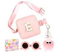 WINOWIMO Personalized Mini Fanny Pack for Kids with Sunglasses & Cute Keychain, Small Initial Belt Crossbody Bag Purse for Teen Girls, Birthday Gifts for 3 4 5 6 7 8 9 10 Years Old Kid, Pink, E