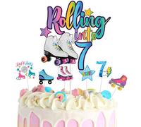 WINPOGEE 7Pcs Rolling into 7 Theme Cake Toppers Sets Roller Skate Happy 7th Birthday Themed Set Cake Decoration Girls Club Rolling 7 Years Old Supplies Girls Retro Colorful Hip Hop (7)
