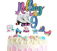 WINPOGEE 7Pcs Rolling into 9 Theme Cake Toppers Sets Roller Skate Happy 9th Birthday Themed Set Cake Decoration Girls Club Rolling 9 Years Old Supplies Girls Retro Colorful Hip Hop 9