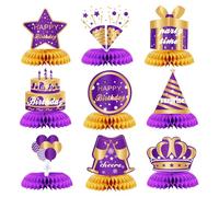WINPOGEE Purple Gold 9PCS Honeycomb Centerpieces for Birthday Parties, Table Topper Decor