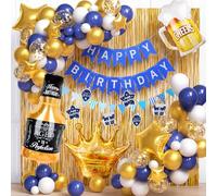 Winrayk 124Pcs Beer Birthday Party Decorations for Men Women, Navy Blue Gold Balloon Arch Kit Fringe Curtain Banner Swirl Whiskey Bottle Beer Mug Crown Balloon 30th 40th 50th Party Decoration Supplies