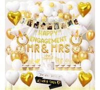 Winrayk Happy Engagement Party Decorations for Couple, White Gold Balloon Arch, Mr & Mrs Diamond Ring Heart Foil Balloon, Engaged Banner & Photo Banner, Cake Cupcake Topper, Sash, Tablecloth (114 Pcs)