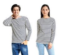Win's Unisex Long Sleeve Sailor Stripe T-Shirt for Men and Women, Off-White/Navy Blue, XXL