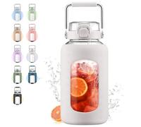 WINSA 84oz Glass Water Bottle with Stainless Steel Handle,2.5L Gallon Water Bottle with 2-IN-1 Straw Lid, Silicone Sleeve and Motivational Capacity Marker, Wide Mouth Water Jug For Gym, Workout, White