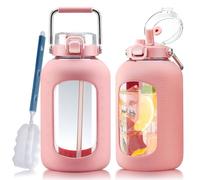 WINSA Large Glass Water Bottles with Stainless Steel Handle,100 oz Gallon Drinking Bottle with 2-in-1 Straw Lid,3 Liter Glass Water Jug with Silicone Sleeve,Wide Mouth,Pink