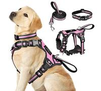 WINSEE Pet Harness Collar and Leash Set, All-in-one Reflective Dog Harness No Pull with Adjustable Buckles for Puppies, Small, Medium, Large, and Extra-Large Dogs (Large, Pink)