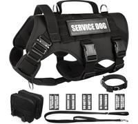 WINSEE Tactical Dog Harness with Dog Leash, Dog Collar, Service Working MOLLE Vest with 10 Pet Patches for Large Dog, No Pull Military Harness and Backpack with Airtag Holdler
