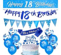 Winsegom 18th Birthday Decorations, Blue 18th Birthday Banner for Him, Men’s 18th Birthday Party Supplies, Happy Birthday Decor Set with Pennant Bunting, Confetti Balloons, Fabulous Sash & Cake Topper