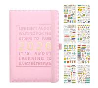 Winsegom 2026 Diary Notebook, Full Year Daily Planner, Pink 2026 Diary A5 Day, Yearly Notebook with 8 Sheets of Stickers Colorful Tabs Ribbon Bookmark for Home Office School Work