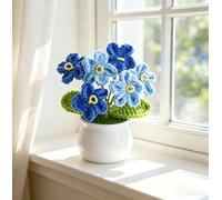 Winsegom Handmade Crochet Potted Flowers, Blue Forget Me Not Forever Flower, Knitted Flower Pot for Home Office Desk Decor, Mini Potted Plants, 13 x 5 cm