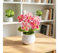 Winsegom Handmade Crochet Potted Flowers, Pink Forget Me Not Forever Flower, Knitted Flower Pot for Home Office Desk Decor, Mini Potted Plants, 13 x 5 cm