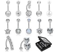 WINSENET 12/15/40Pcs Belly Button Rings 14G Belly Rings for Women CZ Dangle Curved Navel Barbell Body Piercing Jewelry with Gift Box, 14G, Stainless Steel, cz