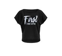 Winshape Women's Damen Ultra leichtes Modal-3/4-Arm Shirt MCS001 mit weißem „First I Need Coffee” Glitzer-Aufdruck T-Shirt, Schwarz-Weiss-Glitzer, XL