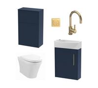 Winshill Cloakroom Bundle - Right Wall Hung Vanity Unit, Concealed Cistern Wc Unit, Toilet & Tap, 440mm - Blue/brass - Balterley