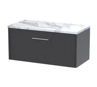 Winshill Contemporary 1 Drawer Wall Hung Vanity Unit with Laminate Worktop, Woodgrain Dark Grey, 800mm