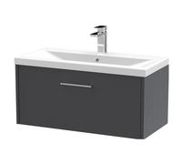 Winshill Contemporary 1 Drawer Wall Hung Vanity Unit with Mid-Edge Basin, Woodgrain Dark Grey, 800mm