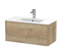 Winshill Contemporary 1 Drawer Wall Hung Vanity Unit with Minimalist Basin, Light Oak, 800mm