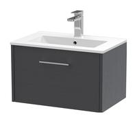 Winshill Contemporary 1 Drawer Wall Hung Vanity Unit with Minimalist Basin, Woodgrain Dark Grey, 600mm