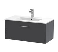 Winshill Contemporary 1 Drawer Wall Hung Vanity Unit with Minimalist Basin, Woodgrain Dark Grey, 800mm