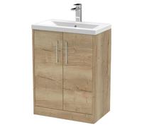 Winshill Contemporary 2 Door Floor Standing Vanity Unit with Mid-Edge Basin, Light Oak, 600mm