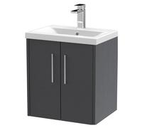 Balterley Winshill Contemporary 2 Door Wall Hung Vanity Unit With Mid-Edge Basin, Woodgrain Dark Grey, 500mm