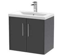 Balterley Winshill Contemporary 2 Door Wall Hung Vanity Unit With Mid-Edge Basin, Woodgrain Dark Grey, 600mm
