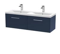 Winshill Contemporary 2 Drawer Wall Hung Vanity Unit with Double Basin, Dark Blue, 1200mm