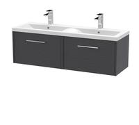 Winshill Contemporary 2 Drawer Wall Hung Vanity Unit with Double Basin, Woodgrain Dark Grey, 1200mm