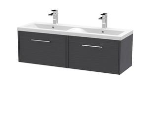 Winshill Contemporary 2 Drawer Wall Hung Vanity Unit with Double Basin, Woodgrain Dark Grey, 1200mm