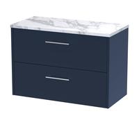 Winshill Contemporary 2 Drawer Wall Hung Vanity Unit with Laminate Worktop, Dark Blue, 800mm
