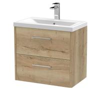Winshill Contemporary 2 Drawer Wall Hung Vanity Unit with Mid-Edge Basin, Light Oak, 600mm