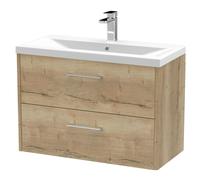 Winshill Contemporary 2 Drawer Wall Hung Vanity Unit with Mid-Edge Basin, Light Oak, 800mm