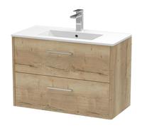 Winshill Contemporary 2 Drawer Wall Hung Vanity Unit with Minimalist Basin, Light Oak, 800mm