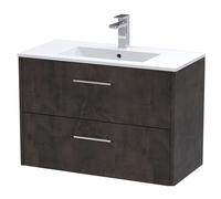 Winshill Contemporary 2 Drawer Wall Hung Vanity Unit with Minimalist Basin, Metallic Slate, 800mm
