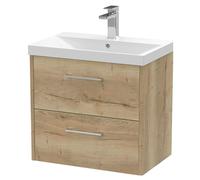 Winshill Contemporary 2 Drawer Wall Hung Vanity Unit with Thin Edge Basin, Light Oak, 600mm