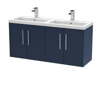 Winshill Contemporary 4 Door Wall Hung Vanity Unit with Double Basin, Dark Blue, 1200mm