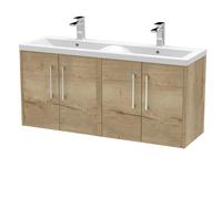Winshill Contemporary 4 Door Wall Hung Vanity Unit with Double Basin, Light Oak, 1200mm