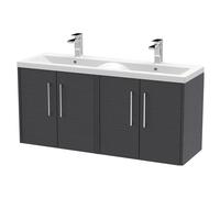 Winshill Contemporary 4 Door Wall Hung Vanity Unit with Double Basin, Woodgrain Dark Grey, 1200mm
