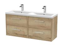 Winshill Contemporary 4 Drawer Wall Hung Vanity Unit with Double Basin, Light Oak, 1200mm