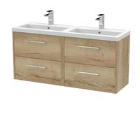 Winshill Contemporary 4 Drawer Wall Hung Vanity Unit with Double Basin, Light Oak, 1200mm