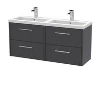 Winshill Contemporary 4 Drawer Wall Hung Vanity Unit with Double Basin, Woodgrain Dark Grey, 1200mm
