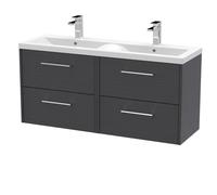 Winshill Contemporary 4 Drawer Wall Hung Vanity Unit with Double Basin, Woodgrain Dark Grey, 1200mm