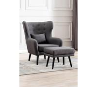 More4Homes Winslow Wing Back Occasional Bedroom Living Room Button Back Linen Fabric Accent Chair Armchair (grey W Footstool), Grey