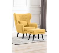 More4Homes Winslow Wing Back Occasional Bedroom Living Room Button Back Linen Fabric Accent Chair Armchair (mustard W Footstool), Yellow