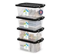WINSOME 30L Plastic Storage Boxes with Lids Pack of 4 | Clear Stackable Storage Containers for Clothes, Bedding, Toys, Shoes, Tools & Household Items | Secure Clip-Lock Storage Boxes | Made in UK