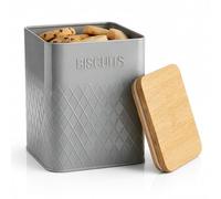 WINSOME Biscuit Barrel | 3.2 Litre Biscuit Tin | Airtight Bamboo Lid Biscuit Container| Grey Square Metal Biscuit Tin For Keeping Your Cookies Fresh & Protected