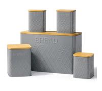 WINSOME Kitchen Canisters Tea Coffee Sugar Biscuit Bread | (Set of 5) Airtight Kitchen Storage Canister Set with Bread Bin | Coffee Sugar Tea Biscuit Bread Tins with Bamboo Lids (Grey)