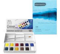 Winsor & Newton, Cotman Watercolour, 'Sketchers' Pocket Set', 12 x Half Pans + 1 x Travel Brush Bundle with Elements A4 Artist Watercolour Paper Pad, (300gsm/140lb), Acid-Free, 12 Sheets - A4